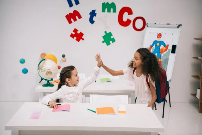 Two children in minimalist homeschool room