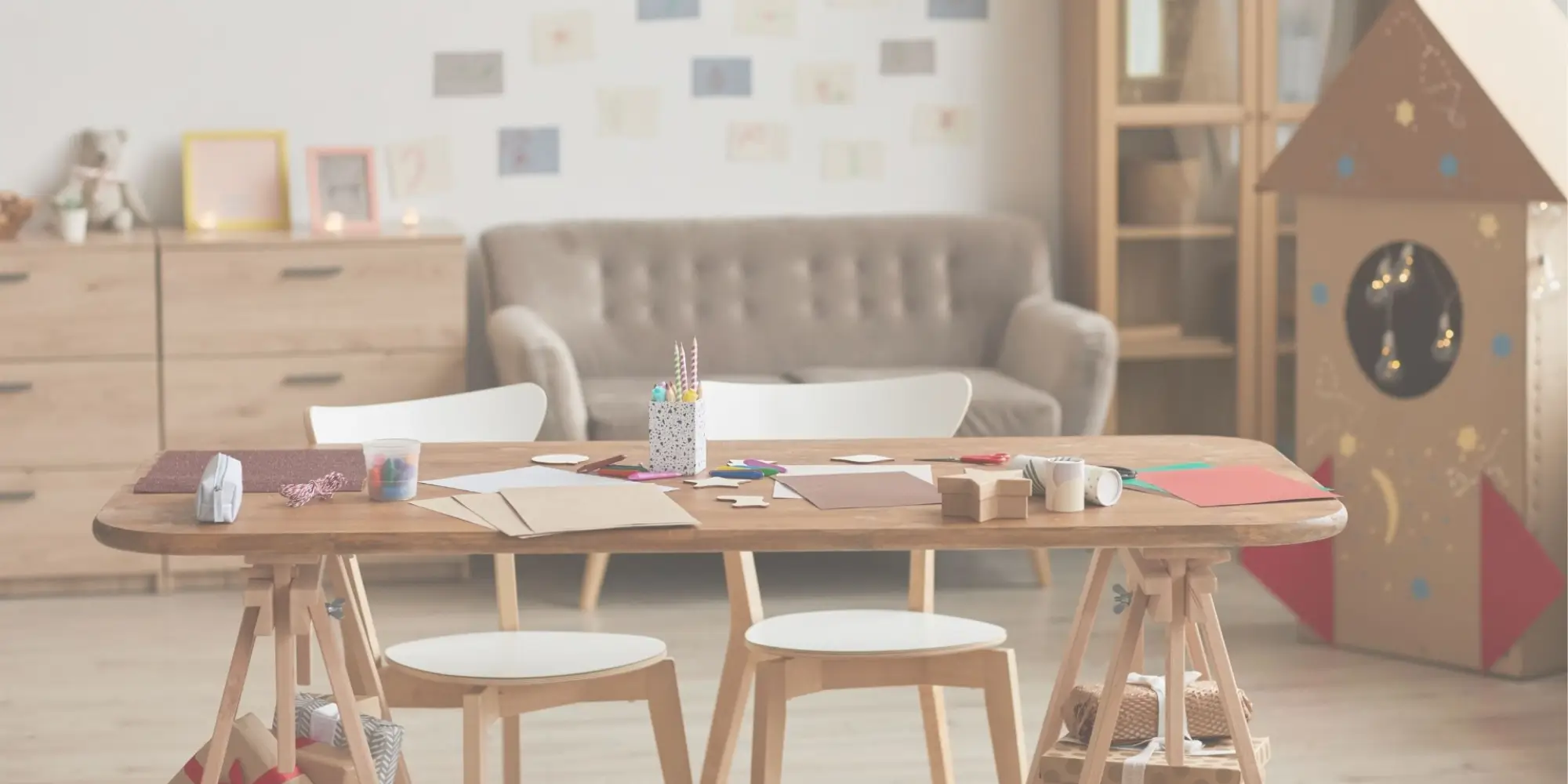 Homeschool room with table with craft supplies